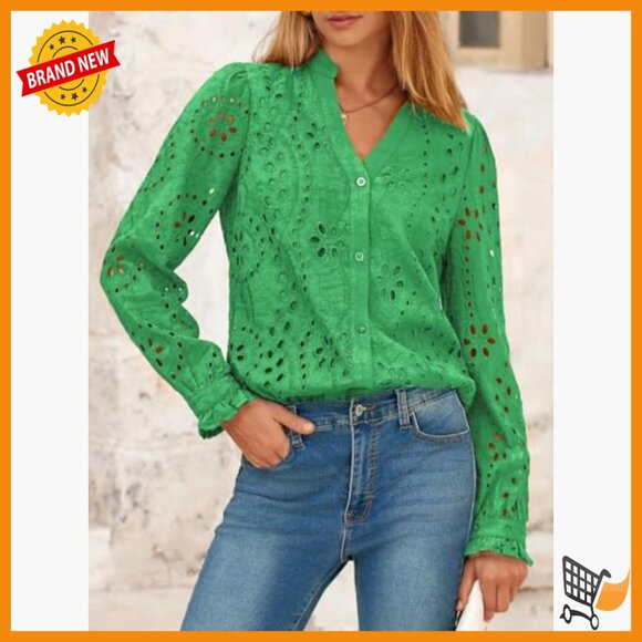 Long Sleeve Button Down Blouse with Floral Embroidery V-Neck Loose Fit - Picture 5 of 7